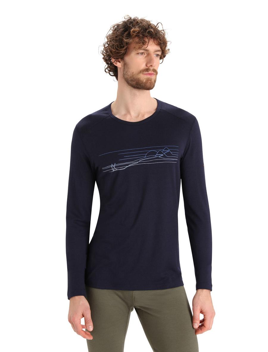 Midnight Navy Icebreaker Merino 200 Oasis Long Sleeve Crewe Ski Stripes Men\'s Base Layers | AU 1366WNBY